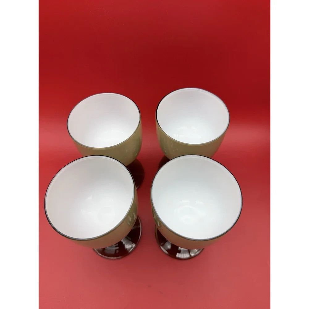 4 Vintage CARLO MORETTI Smoke Taupe/White Cased Glass Water Glasses Goblet 5.75